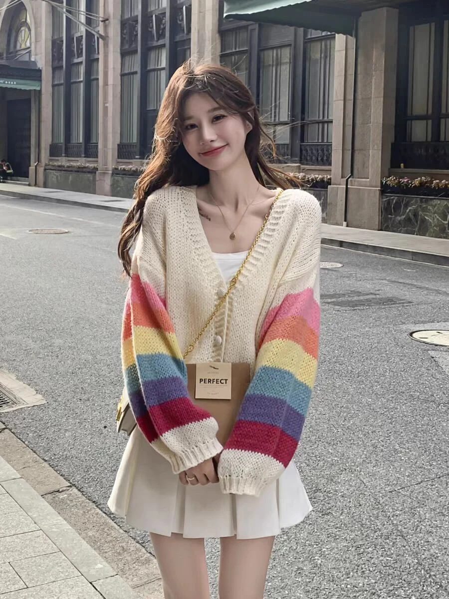 

Spring Autumn Rainbow Long Sleeve Sweater Cardigan Women Button Up V-neck Knit Sweater Coat Korean Style Beige Kawaii Cardigan