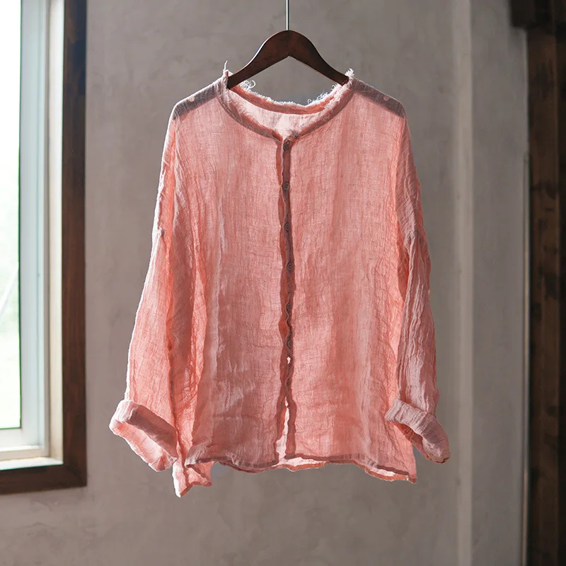 

Women Single Breasted Korean Fashion Woven Linen Breathable Handmade Shirt Embroidery Sunscreen Blouses Women's Top Cardigan