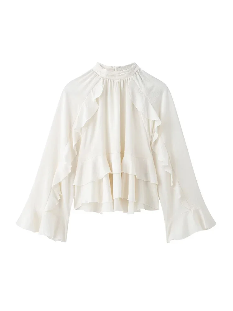 

GELITAYIN Women's Long Sleeve Ruffled Blouse Stand Collar Chic Fashion Top Elegant Female Shirt