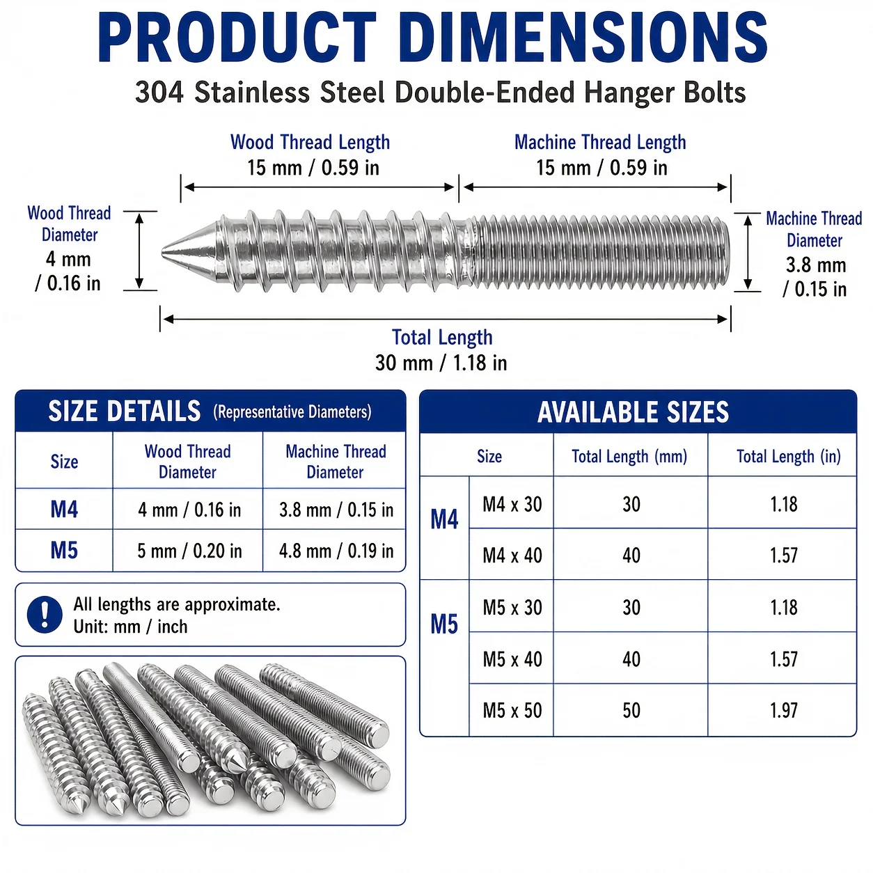 6 Pieces, M4/M5 304 Stainless Steel Pointed Head and Tail Double Head Bolts, Furniture Fixing Self Tapping Screws, DIY Furniture