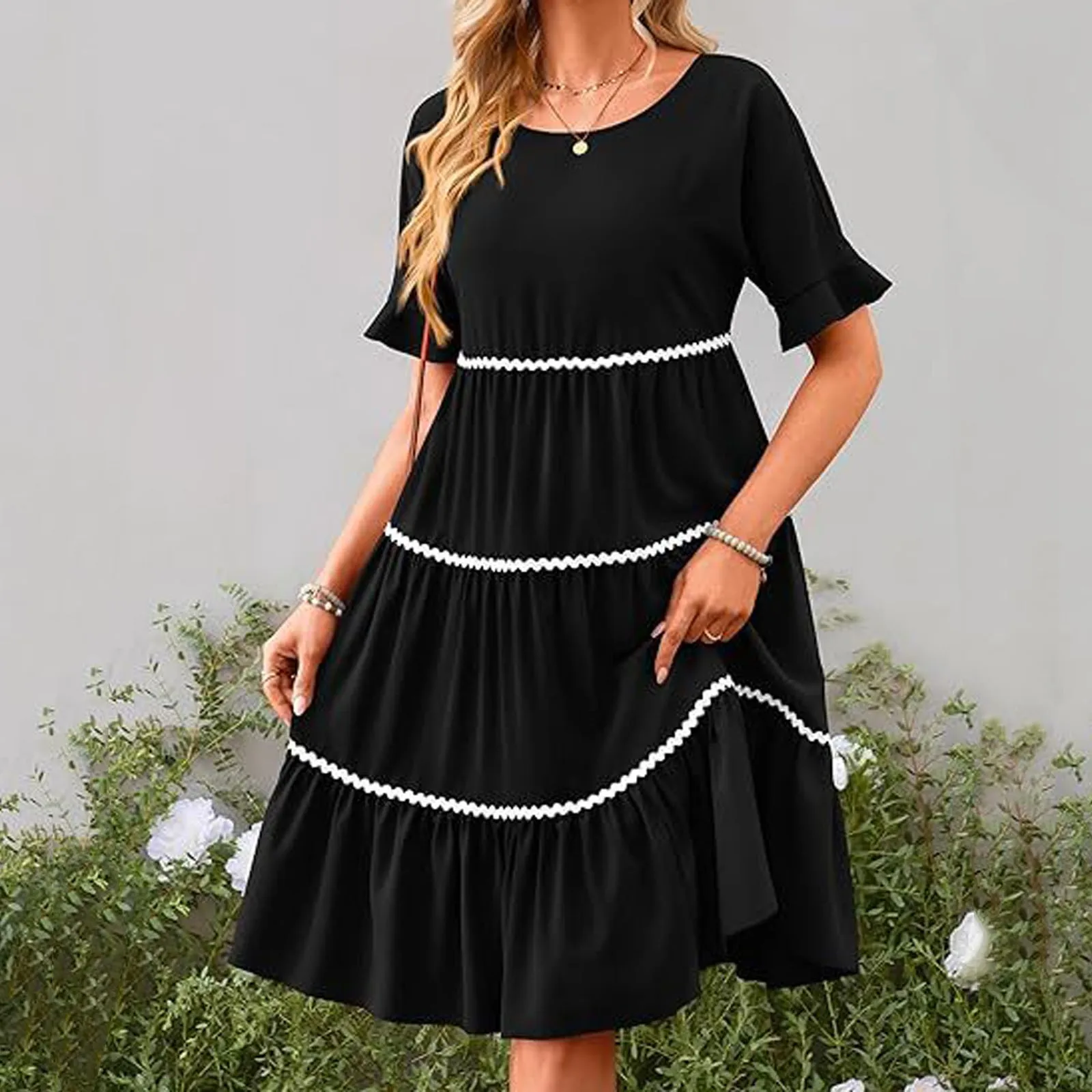 

Fashion A-Line Midi Dress For Women Summer O-Neck Short Sleeve Knee-Length Dress Ladies Loose Fit Pleated Dresses Female Clothes