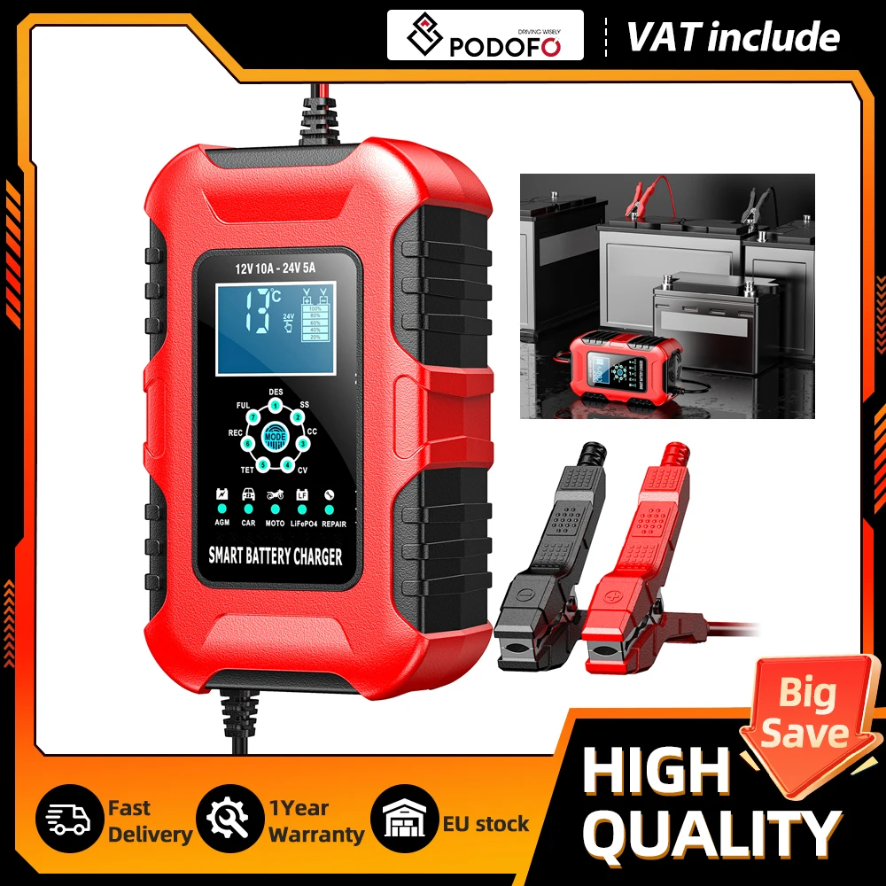 Podofo 12V 10A 24V 5A Batterieladegerät für Calcium-Gel AGM LiFePo4 Blei-Säure-Batterien mit Thermoschutz, Impulsreparatur und LCD-Anzeige