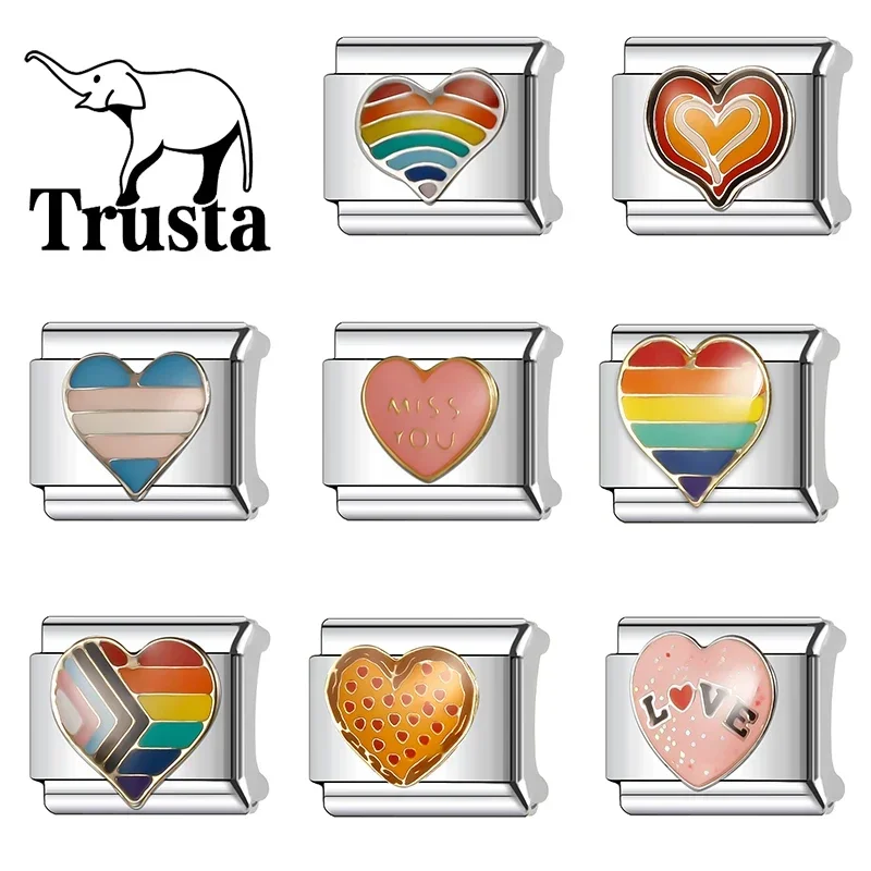 Trusta 2024 New Women Fashion Heart Charm Italian Links 9mm Stainless Steel Bracelet for Women DIY Jewelry Wholesale N098