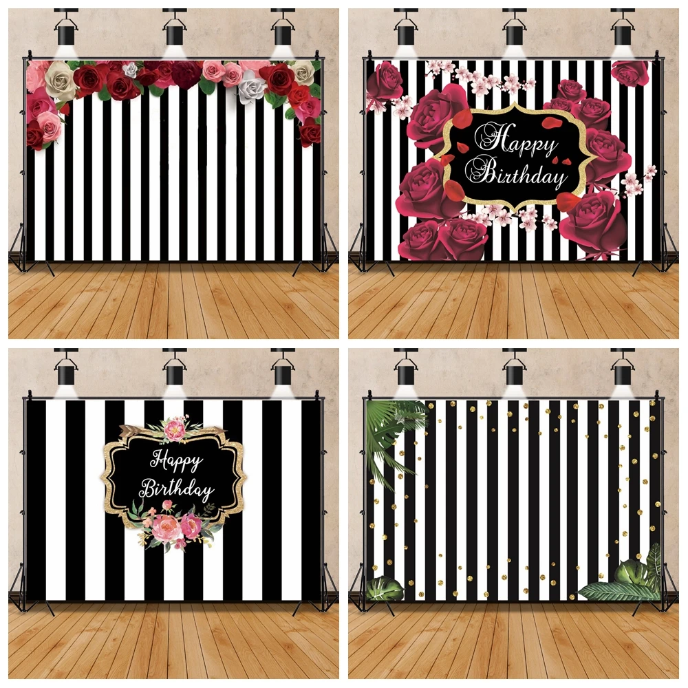 Black White Stripes Backgrounds For Photography Rose Flowers Birthday Party Banner Baby Photo Backdrops Photocall Photo Studio