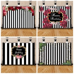 Black White Stripes Backgrounds For Photography Rose Flowers Birthday Party Banner Baby Photo Backdrops Photocall Photo Studio