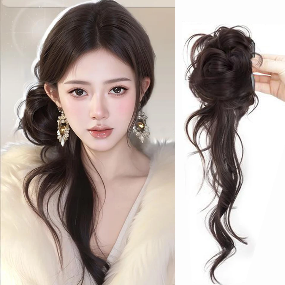 

Синтетический очень длинный пышный пучок для волос в стиле «Драконья борода» с заколкой, в ретро-корейском стиле, элегантный и небрежный, для женщин