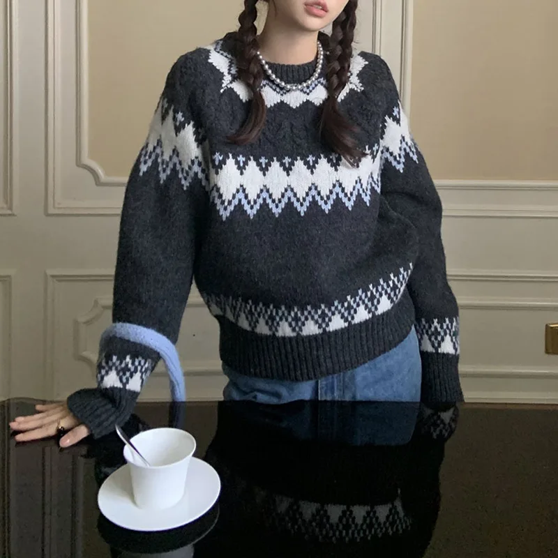 New Korean Version Lazy Style O-neck Pullover Autumn Winter Thick Sweater for Women Loose Long Sleeved Knitted Top Outerwear