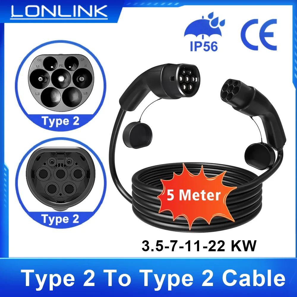 LONLINK Type2 To Type2 Ev Charging Cable 3Phase 16/32A Female To Male Plug 5M Cable 11KW 22kw IEC62196-2 EVES Charging Stations