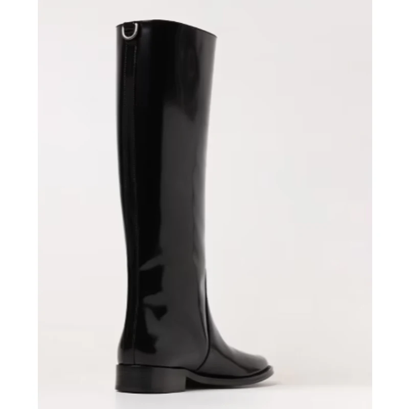 Round Toe Back Metal Hook Square Heel Knee High Boots Woman Winter 2026 Patent Leather Rider Slip-On Boots Casual Style Shoes