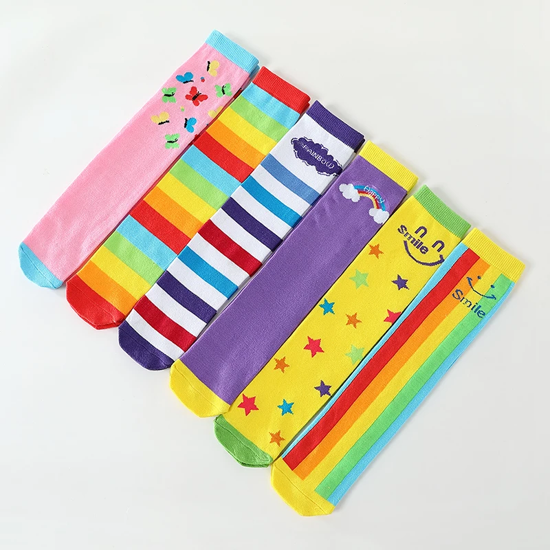 Spring baby girls soft cotton warm long socks kawaii cartoon rainbow cloud over knee high socks cute stripe star kids boys socks