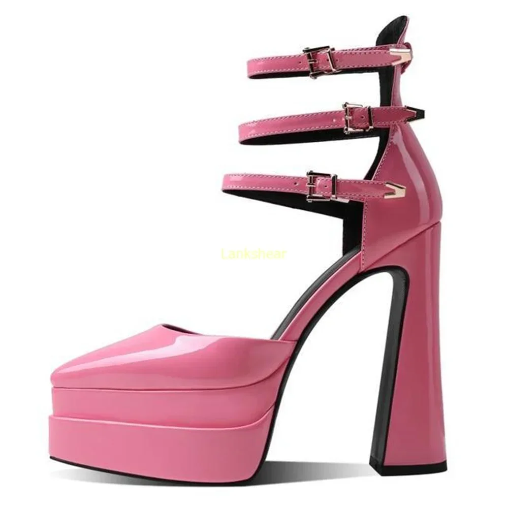 Platform Multi Strap High Heels Patent Leather Sexy Pointed Toe Square Heel Solid New Arrivlas Fashion Women Runway Shoes - view 5