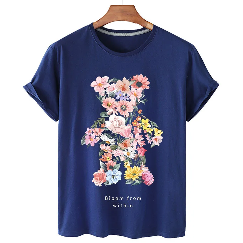100% Cotton Bear Print Shirt Short Sleeve O Neck Loose T Shirt Women's Summer Casual Top T Shirt Men's and Women's S-4XL