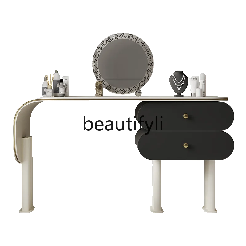 Cream wind minimalist light luxury dresser saddle leather bedroom storage cabinet, modern makeup desk chest integrated