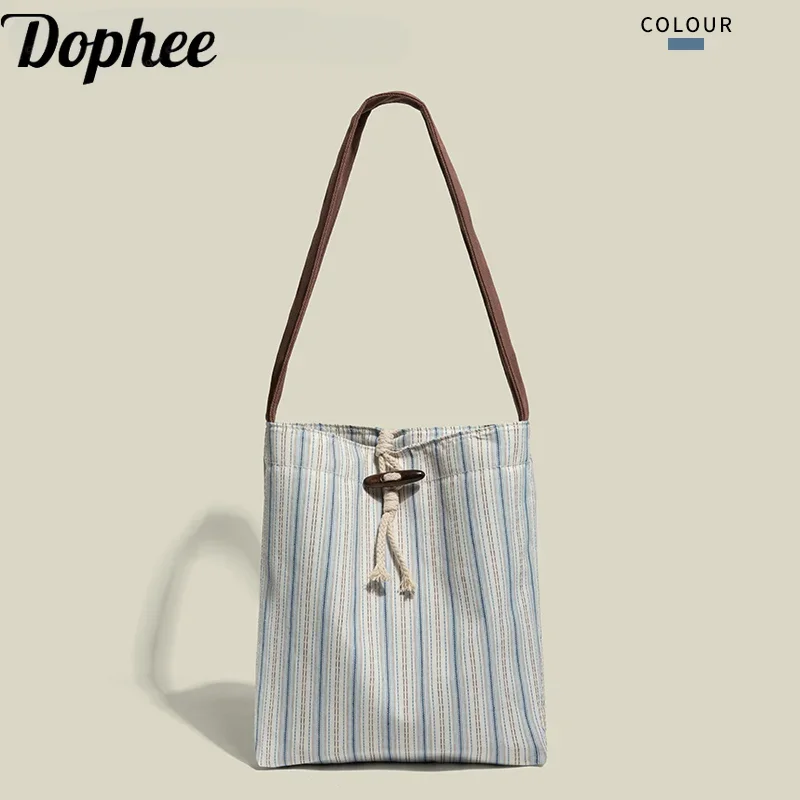 Dophee Original Lady Striped Tote Bag 2024 New High-capacity Canvas Handbags All-match Women Bucket Commuting Shoulder Bags