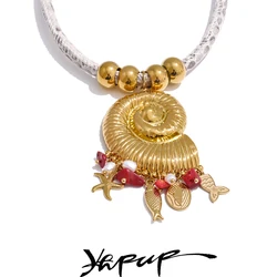 Yhpup Handmade Jewelry Exclusive Design Metal Shell Starfish Fish Stone Pearl Pendant Necklace Stainless Steel Ocean Style