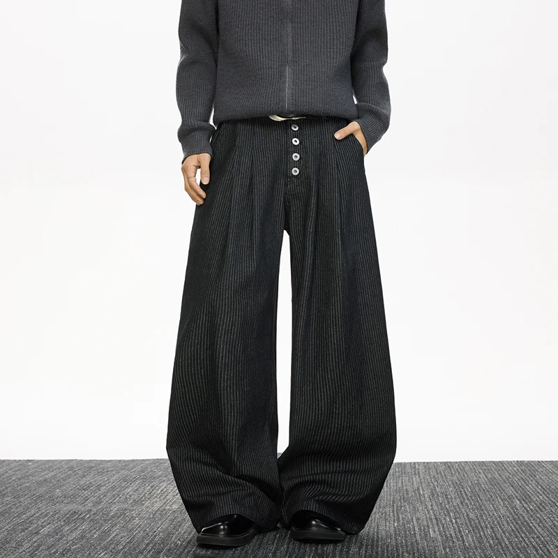 

American Style Men's Suit Trousers Denim Breasted Casual Pleated Striped Design Contrast Color Male Spring Autumn Pants Trendy