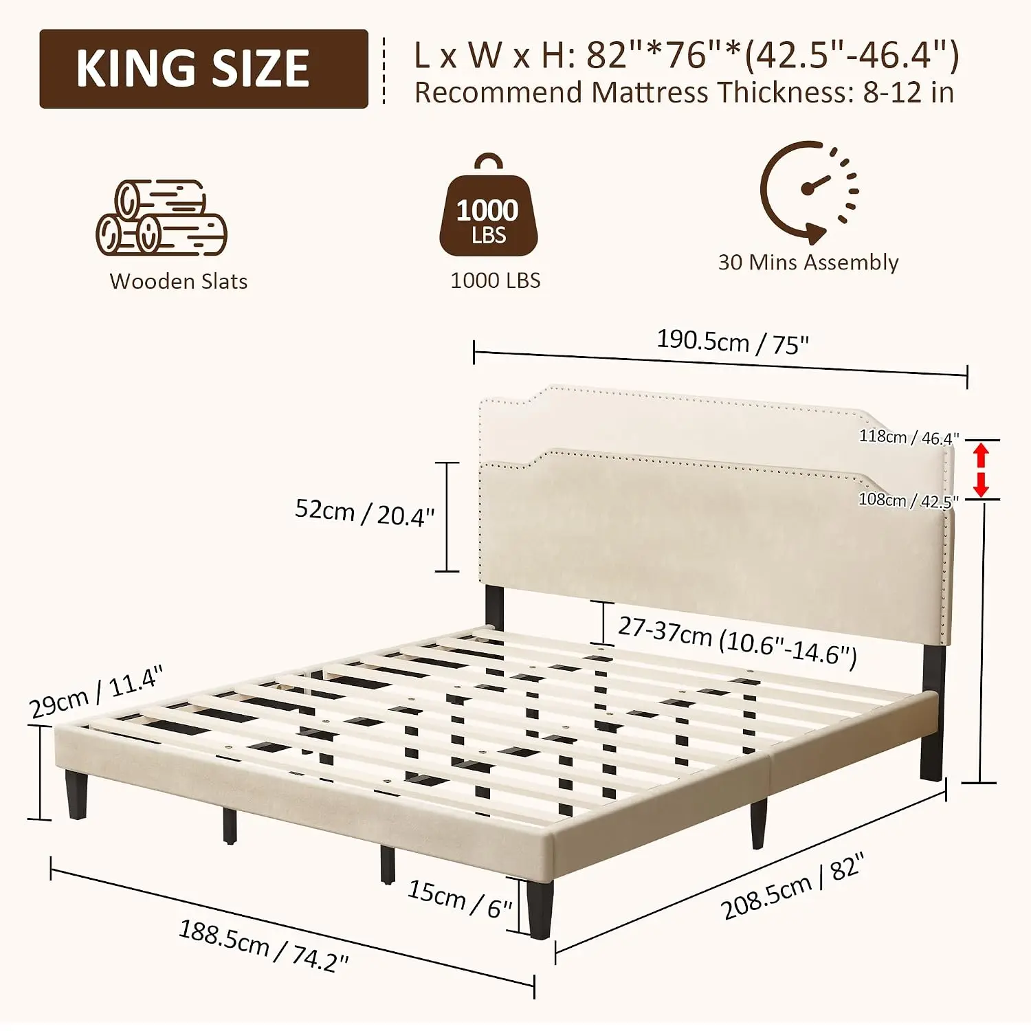 King Size Velvet Platform Bed Frame, Beige Upholstered Bed with Adjustable Headboard, Wooden Slats Support, Noise Free