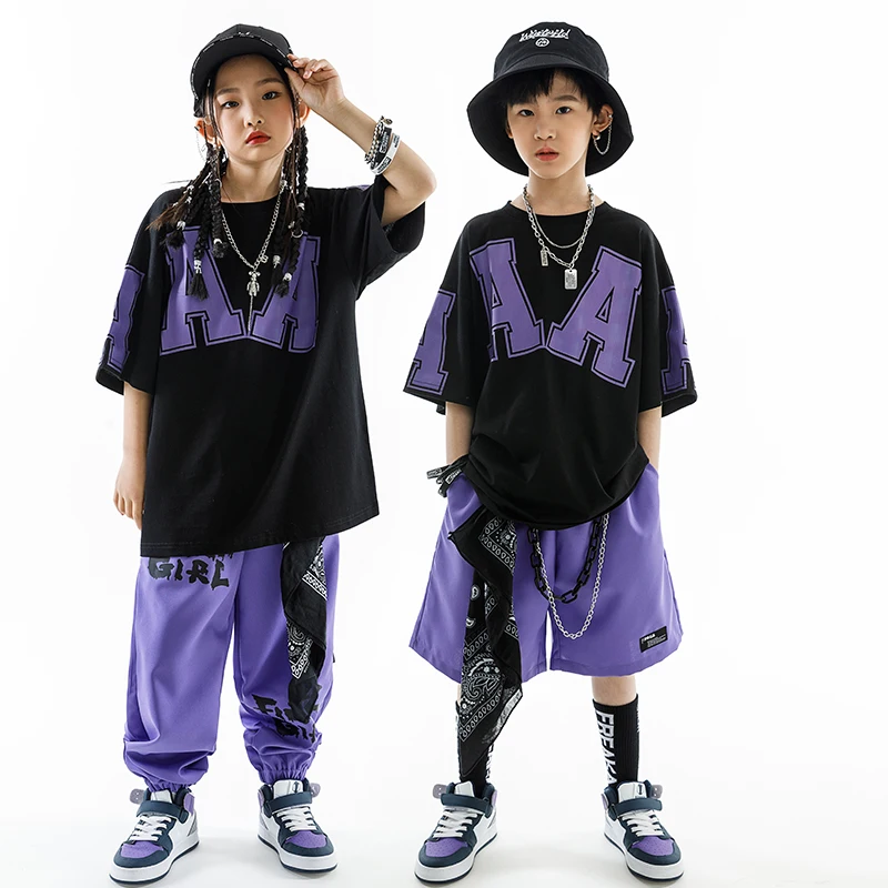 Summer Boys Loose Short Sleeved T-Shirt Jogger Pants Hip Hop Dance Costume Kids Jazz Performance Clothes Girls Rave Wear BL10489