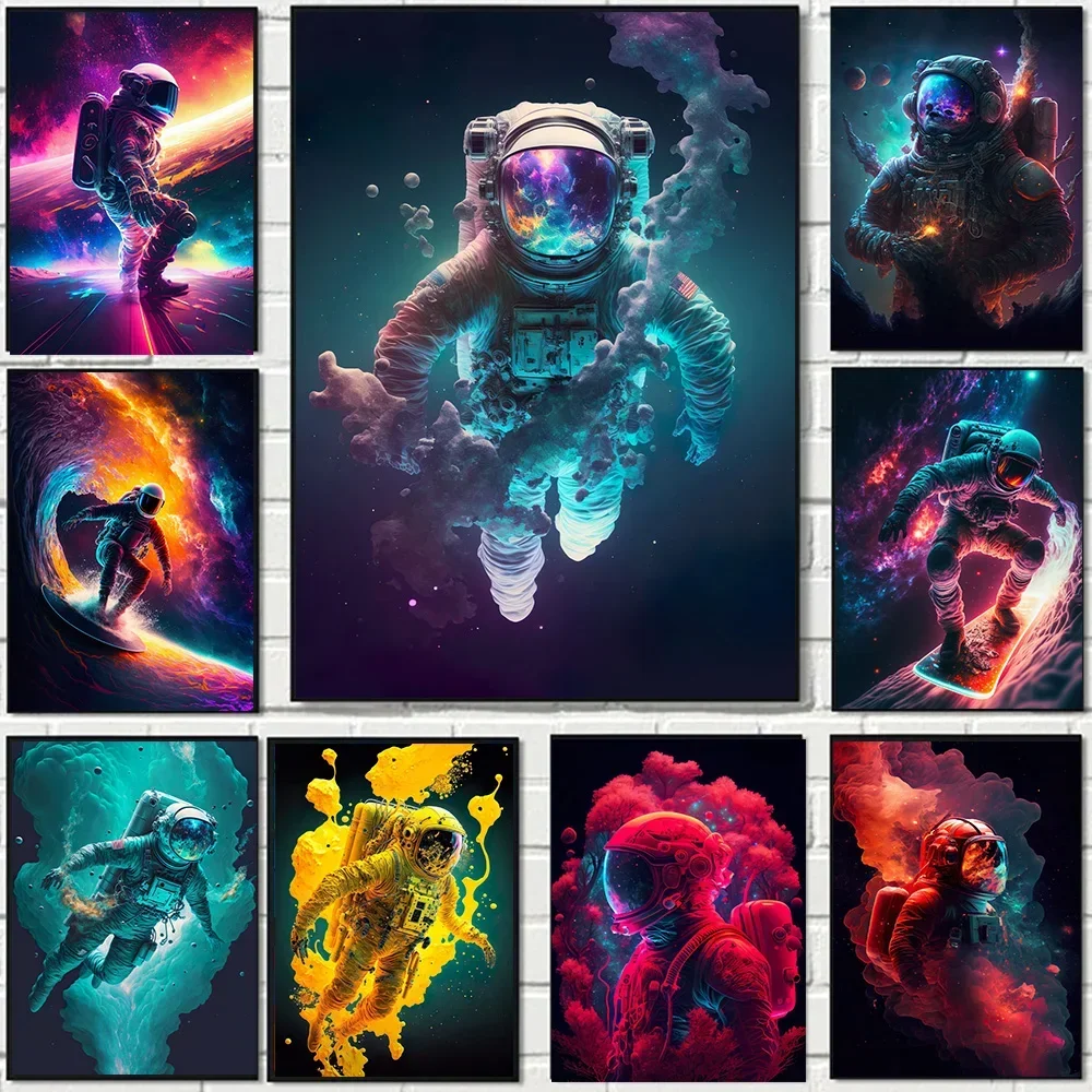 Surreal Astronaut Colorful Diving Skateboard Canvas Painting Space Galaxy Universe Aesthetic Art Poster Prints Modern Home Decor