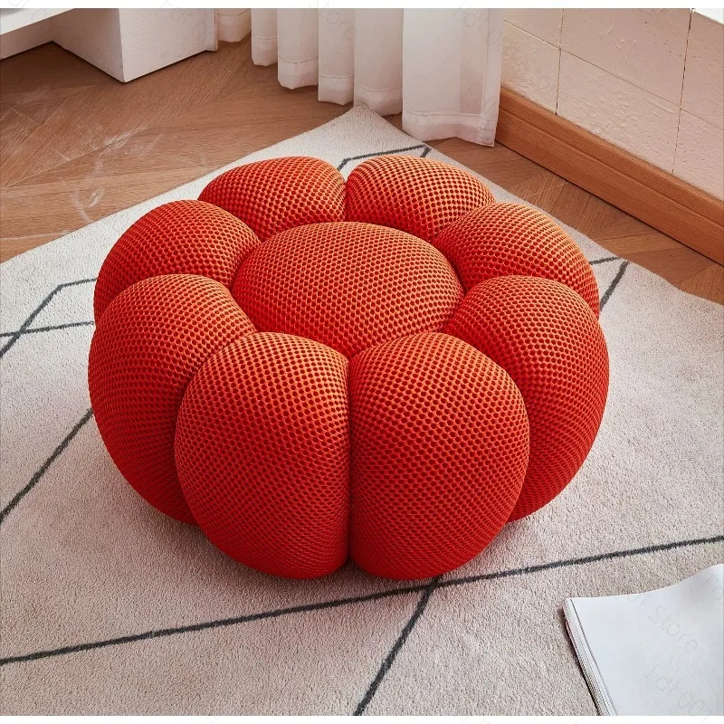 Pumpkin Style Foot Stool Round Ottoman Upholstered Fabric for Living Room