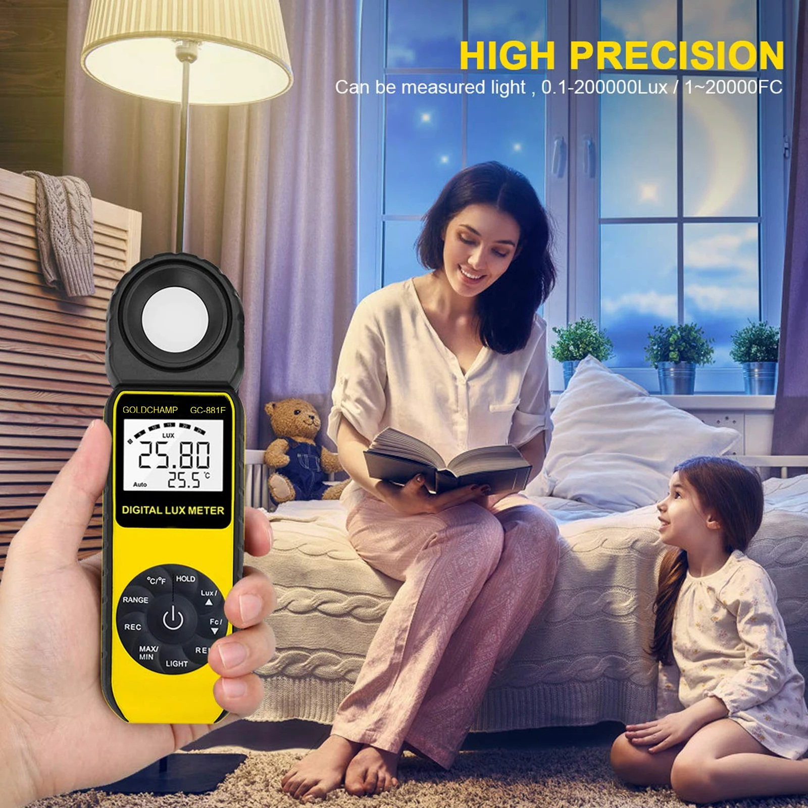 HP-881E Digital Luxmeter 0.1-300000 Lux Light Meter Backlight 270° Rotating Detector Portable Exposure Meter for LED Lights
