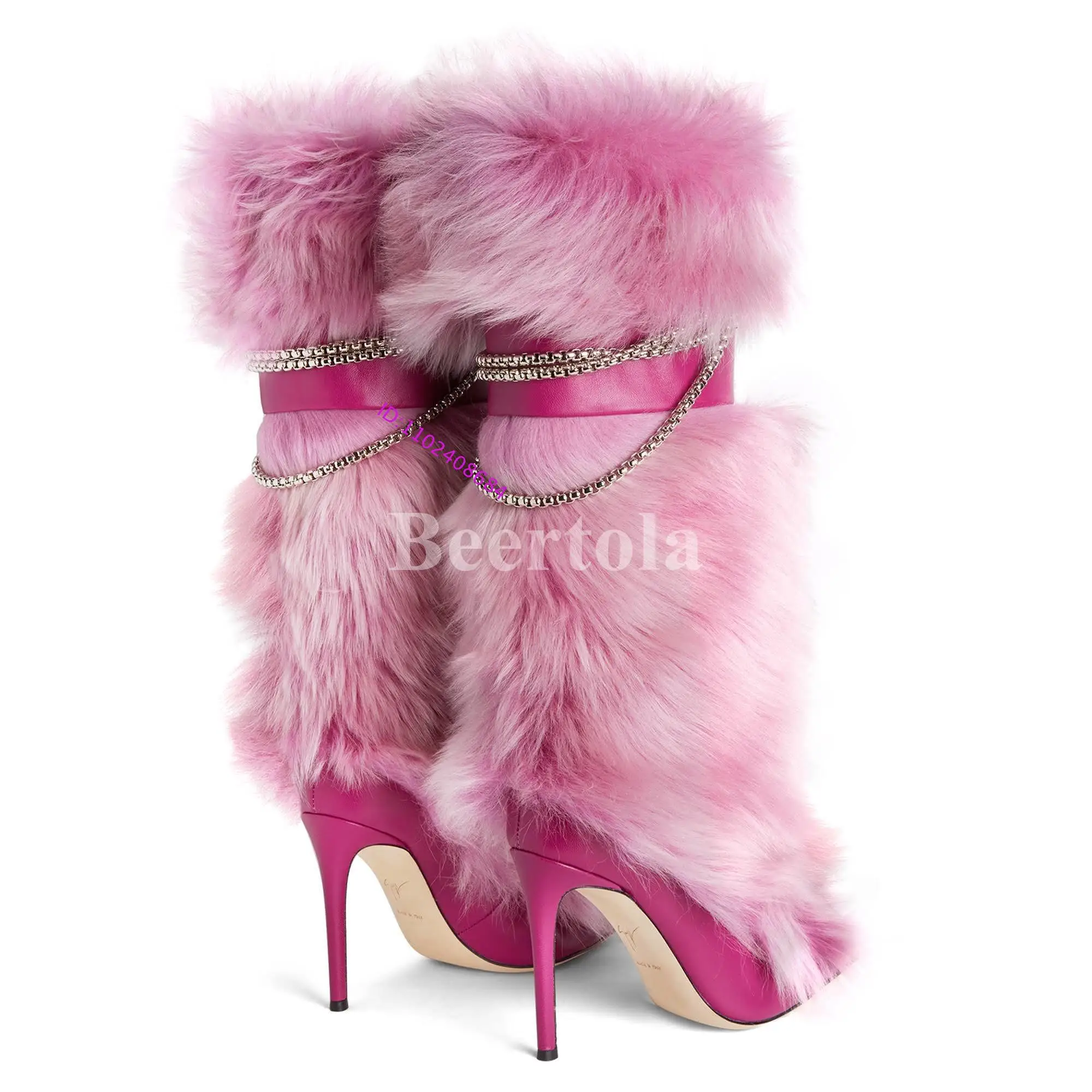 Sexy Metal Chain Woman Fur Boots Leather Pointed Toe High Heel Pull-On Knee High Boots Luxury Design Ladies Winter Warm Shoes