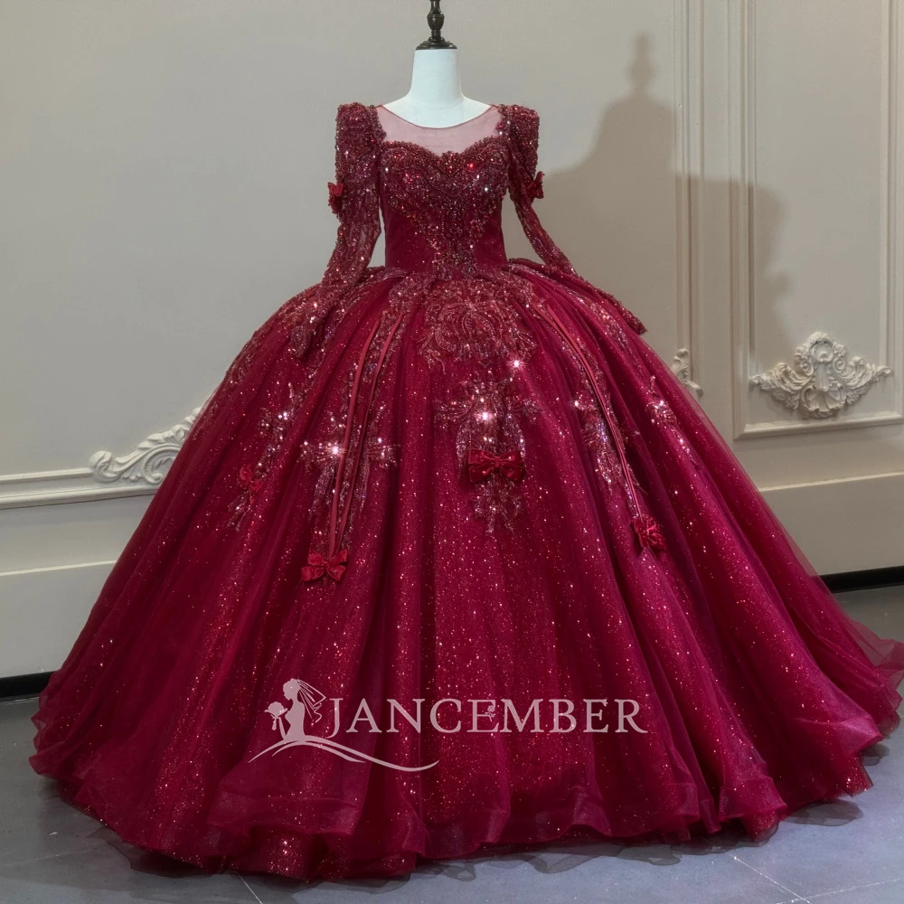Charming Burgundy Ball Gown Customized Wedding Dresses For Bride 2026 Long Sleeves O-Neck Beading vestidos de novia boda