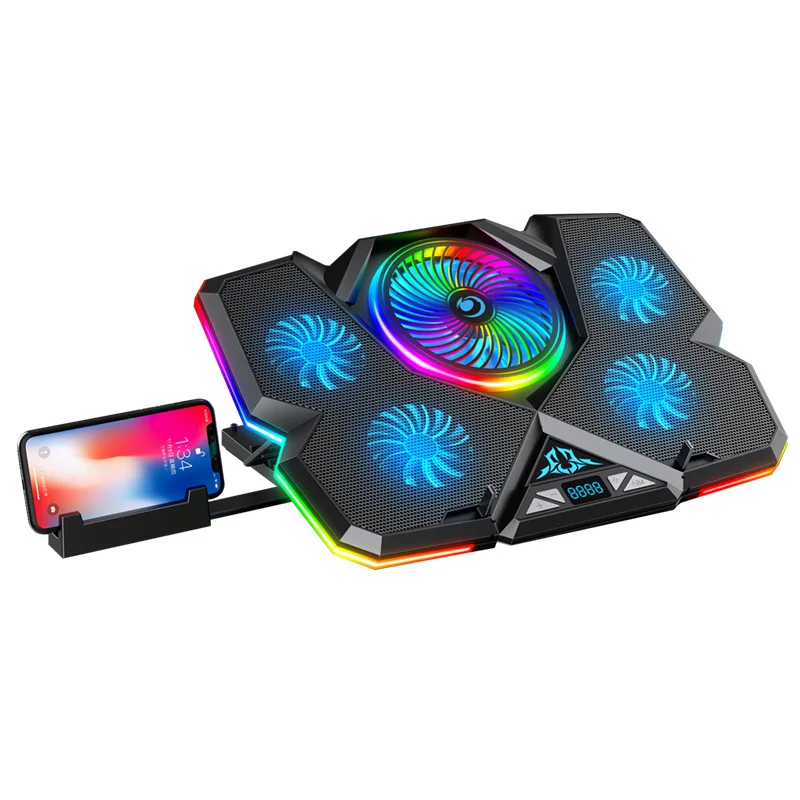 RGB 5 Fan Laptop Cooler Cooling Pad Base 2500 rpm Light Emitting Diode Monitor Air Cooled Laptop Cooler