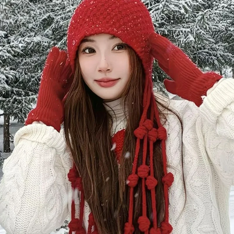 

Super Soft Knitted Hat Autumn Winter Warm Handmade Tassel Ball Red Ear Protection Strap Hat Trendy Hollow Bag Hats Ethnic Style