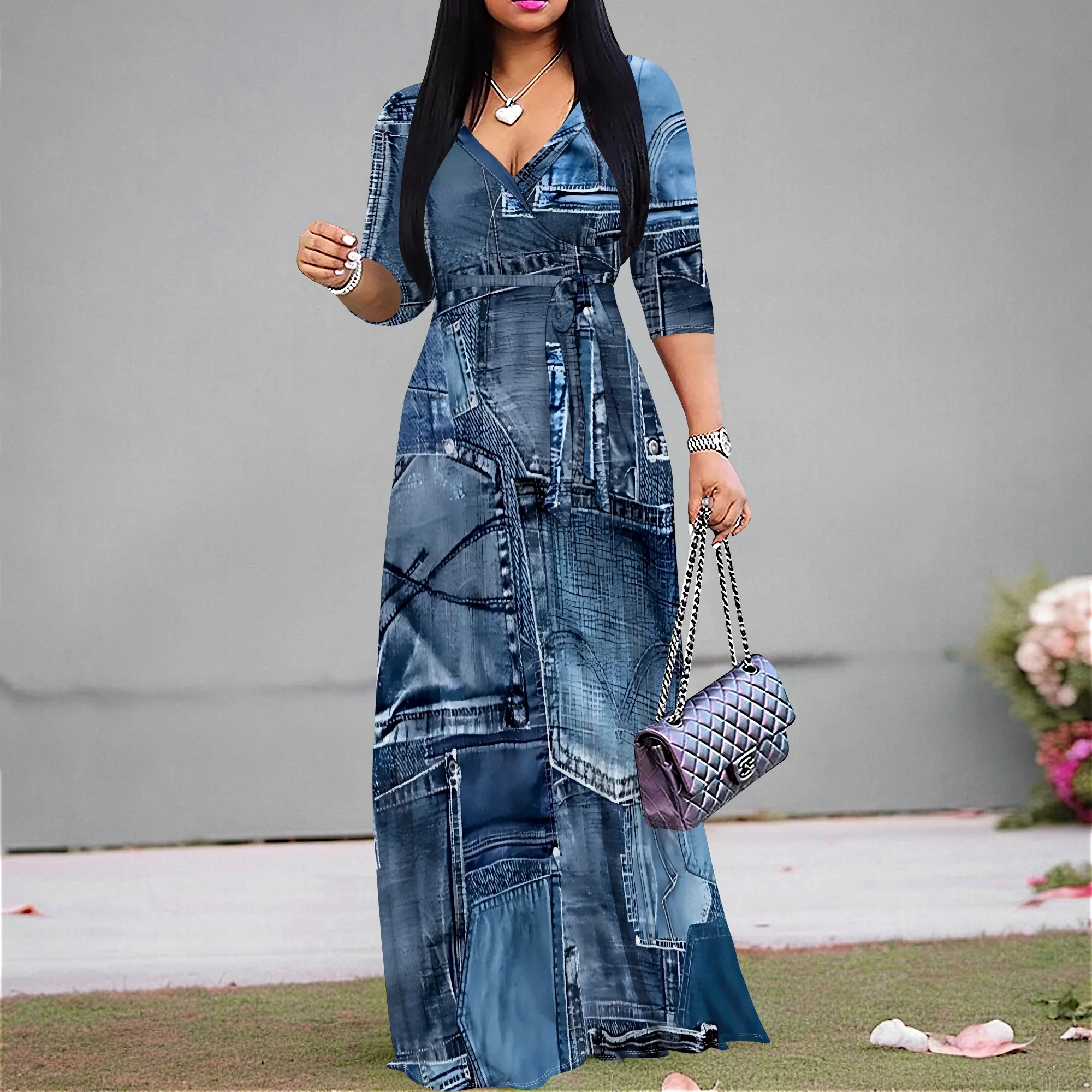 Women's 3/4 Sleeve V Neck  Women With Pocket and Bel Long Dress Fashion Printed Split Hem Club Party Casual Vacation Maxi Dress