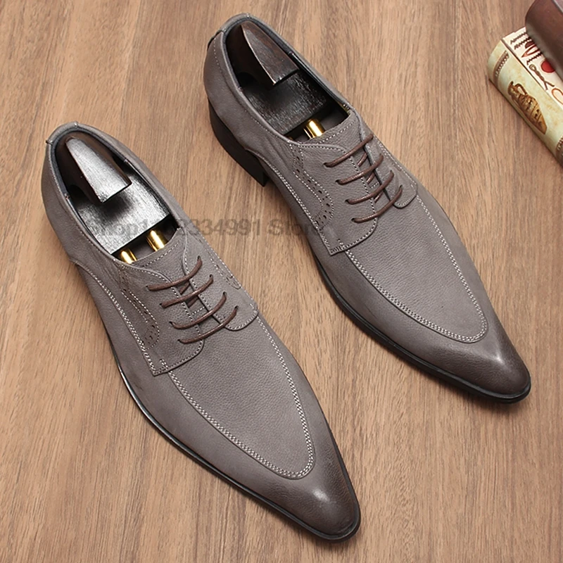 HNXC Luxury Brand Men Oxford Shoes White Black Gray Mens Dress Office Wedding Formal Shoes Lace Up Pointed Toe Leather Shoes Men