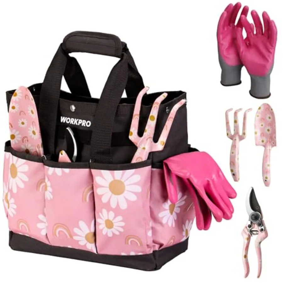 5PCS Gardening Tools, Aluminum Heavy Duty Garden Tool Set with Bag, Ideal Gardening Gifts for Women- Ribbon