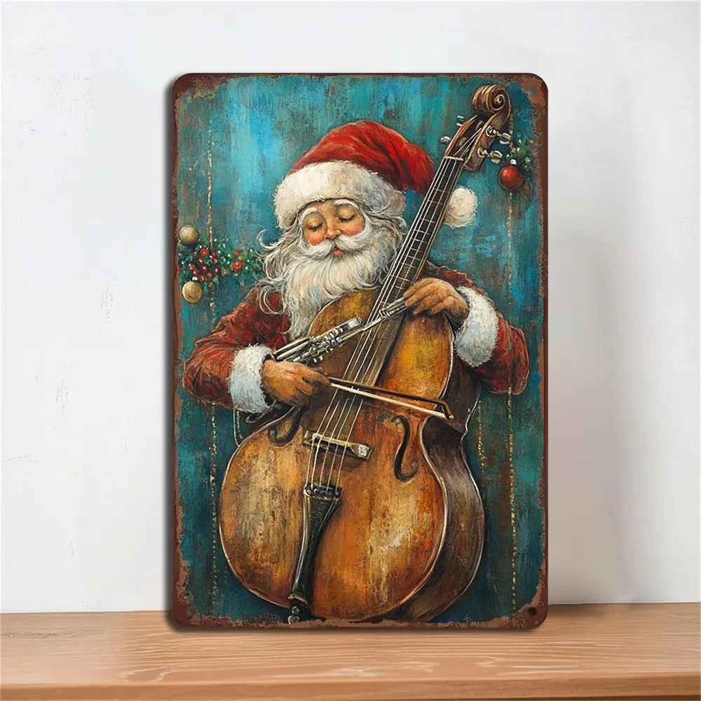 Father Christmas Violin Metal Wall Art Iron Poster Suitable for Home and Garden Holiday Wall Decoration Vintage Interior Artwork