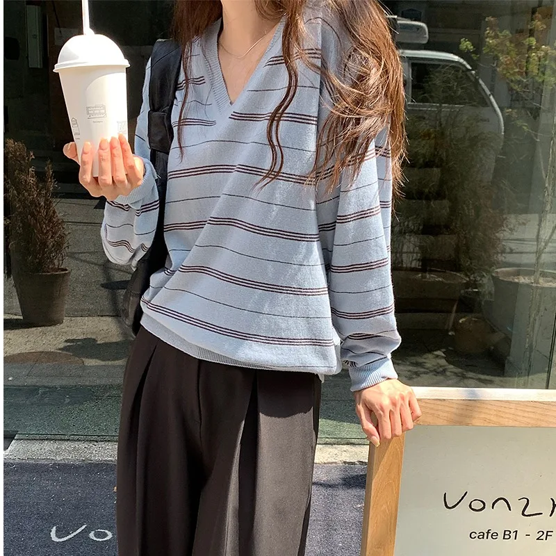 Chic Autumnal Loose Fit V-Ne Long Sve Striped Knitwear Base Layer Casual Contrast Color College Sle Knitted Top