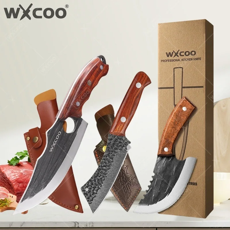 WXCOO Stainless Steel Kitchen Knife with Wooden Handle Sharp Edge Multifunctional Butcher Knife Hand Forged Butcher Knife