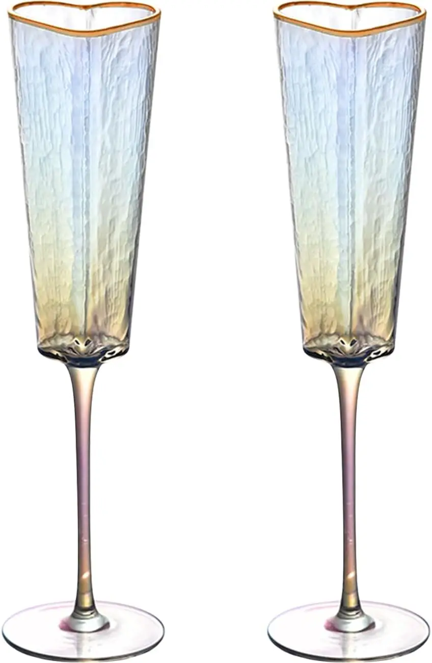 

2-Piece Heart-Shaped Champagne Flutes with Gold Rim for Wedding, Anniversary & Party Gift