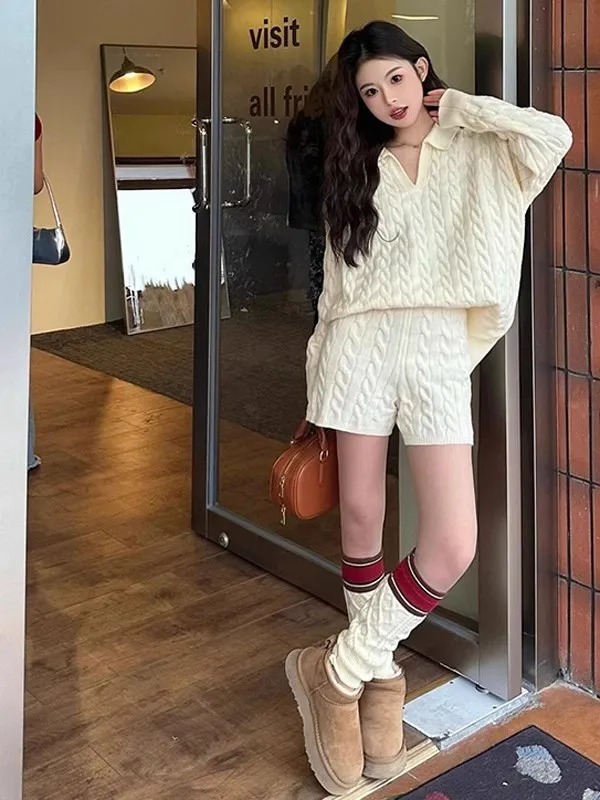 Dames herfst winter gebreide trui set hoge taille orts twee stukken losse pasvorm comfortabele Koreaanse sle kraag kleding