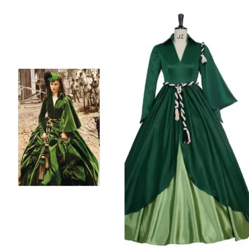 Gone with the Wind Scarlett O'Hara Cosplay Costume Women Green  Ball Gown  Civil War Era Medieval Dress