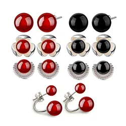 Korean Fashion Red Black Natural Stone Earrings For Women Jewelry Trendy Silver Plated Party Wedding Stud Earrings Wholesale