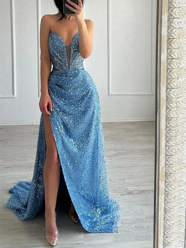 

Sparkly Sequin Prom Dresses 2024 V Neck Mermaid Sexy Front Slit Party Special Occasion Dress Boho Holiday Party Dress Formal