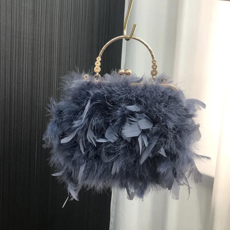 Luxury Ostrich Feather Tassel Evening Bag For Women Autumn Winter Dinner Banquet Clutches Metal Handle Handbags Party Clutch