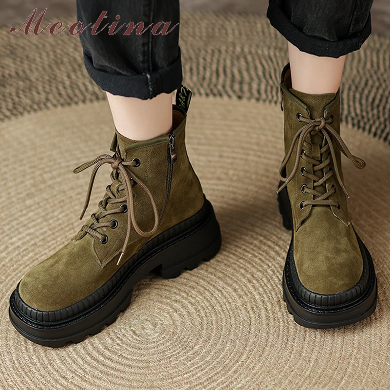 

Meotina Women Genuine Leather Ankle Boots Round Toe Platform Thick High Heel Zipper Lace-up Lady Short Boot Autumn Winter Shoes