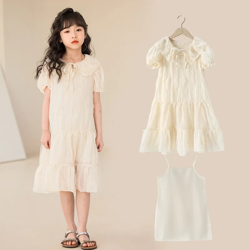 

2024 Korean Summer School Girl Dress Teenager Girl Sling Undershirt+Lace Gauze Princess Dress Sets Girls From 4-12 Years Old