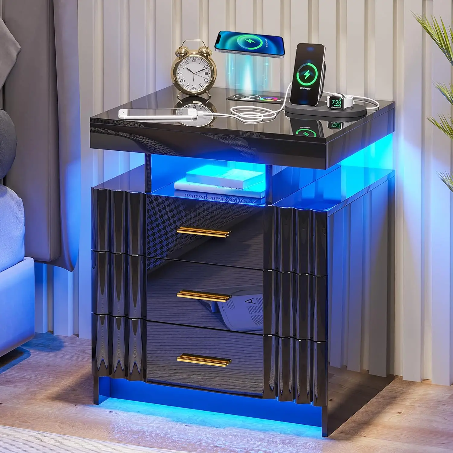 

LED Nightstand,Black Nightstand With Charging Station-USB+Type-C+Wireless Charging,Smart Bedside Table Has Auto, Customized