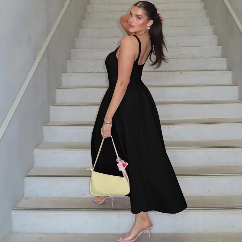 Verão feminino pescoço quadrado sem mangas preto plissado maxi vestido a linha elegante sexy bodycon grande balanço festa de férias roupas de verão