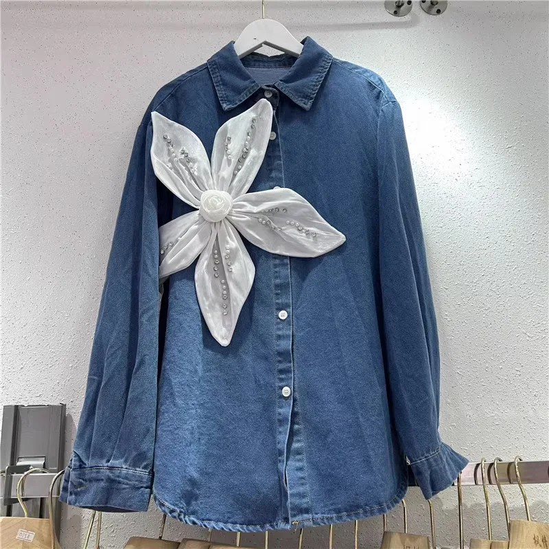 

SuperAen 2024 Autumn New Design Niche New Three-dimensional Flower Shirt Women's Retro Style Loose Denim Shirt