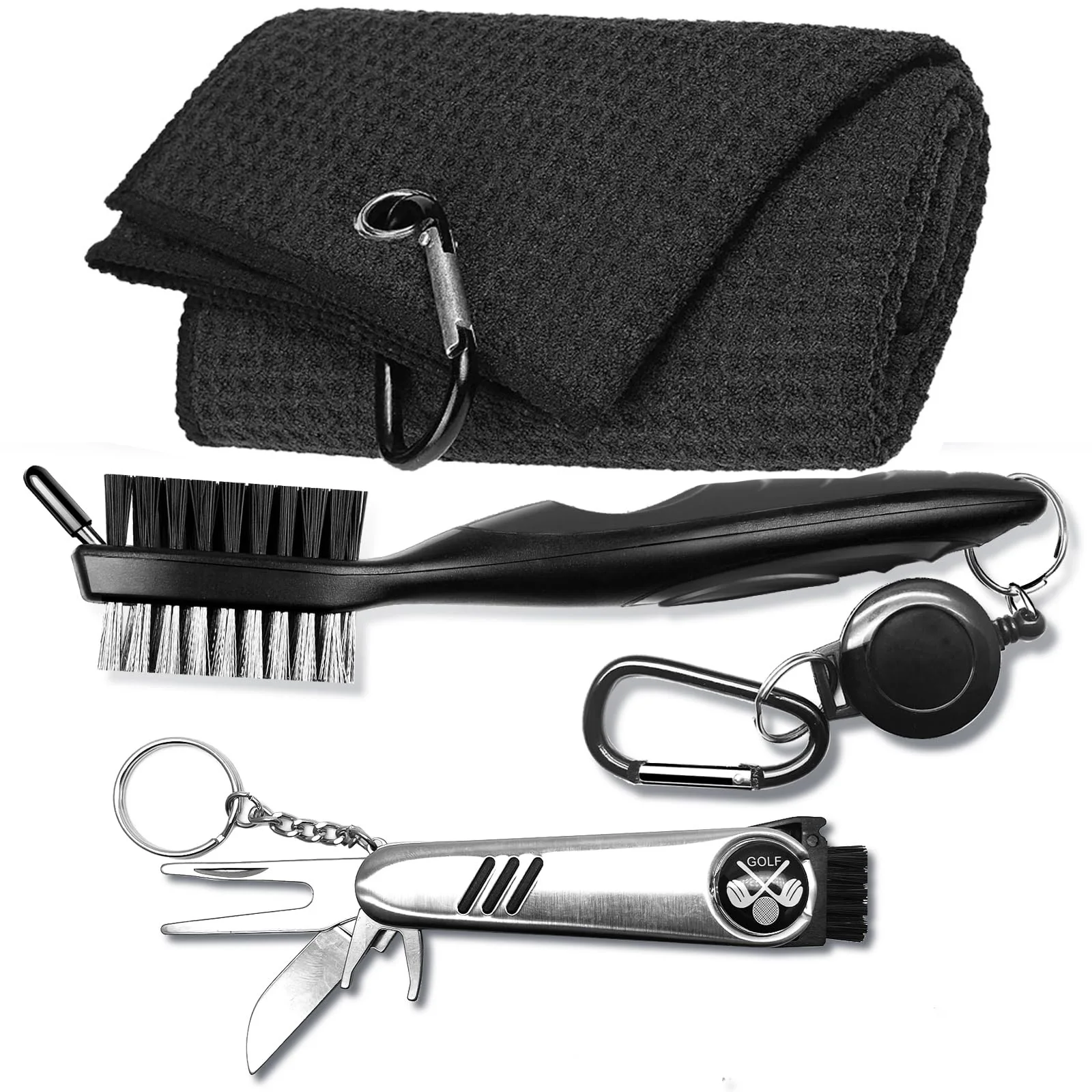 

3 Pack Golf Towel with Golf Club Brush Cleaner and 6-in-1 Divot Repair Tool Set,Must-Have Accessories and Gifts