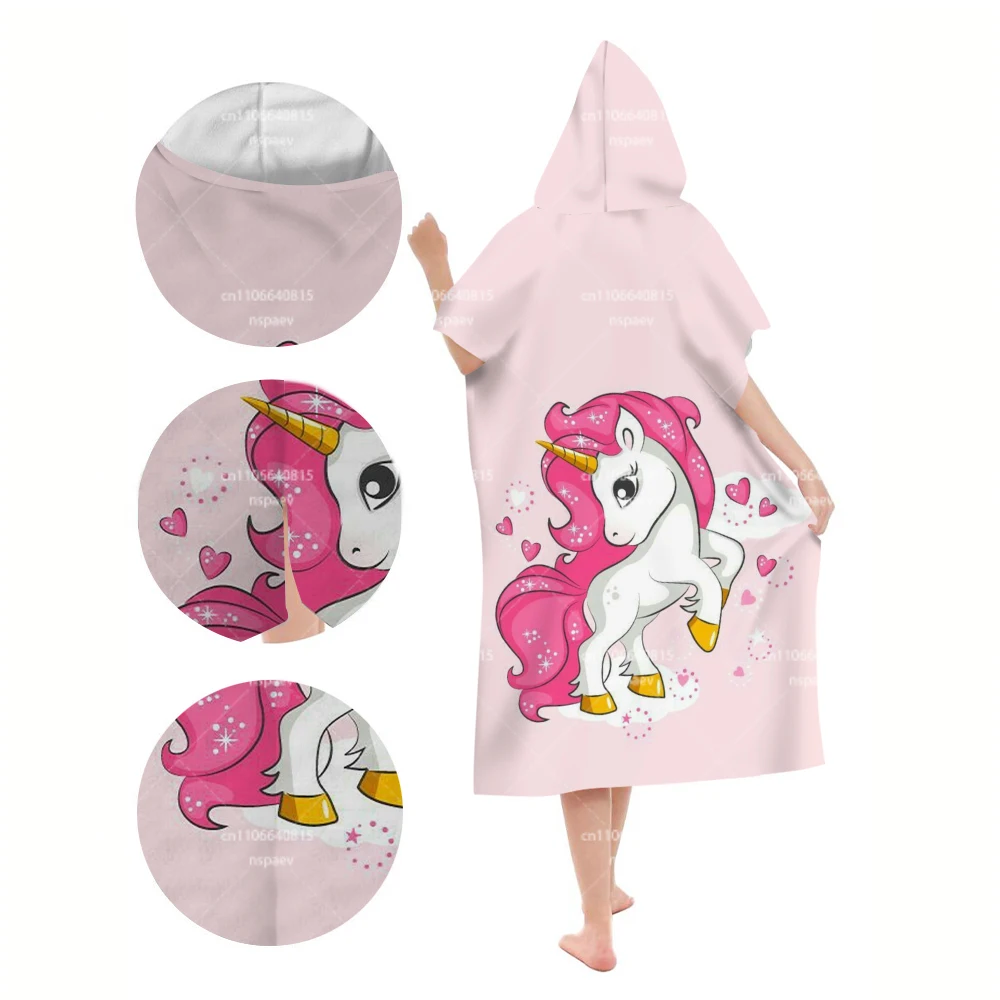 Parent-Child Pink Unicorn Print Hooded Bathrobe, Quick Dry Wearable Towel Poncho for Beach Swim Pool view 6