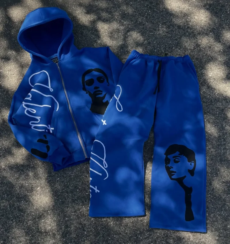 

Y2K Retro Harajuku Blue Zip Up Hoodie Sweatpants Set Vintage Graphic Print Streetwear Casual Loose Oversized Unisex Sportswear