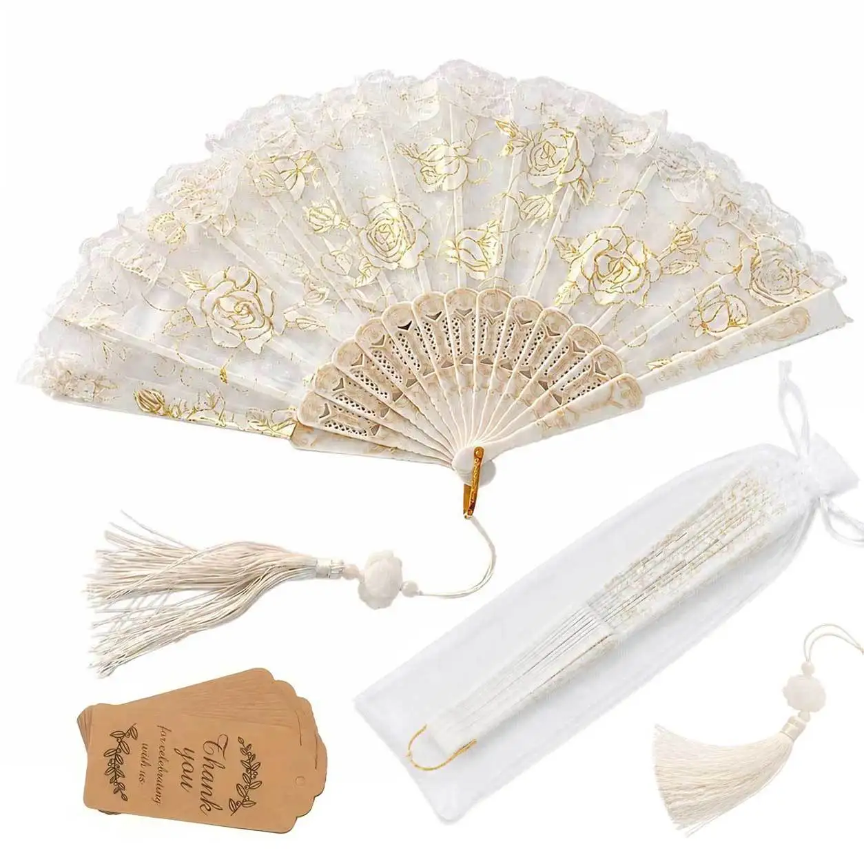 White Lace Folding Hand Fan, Gold Rose Embroidery Fan,For Wedding Bridal Shower Party Favor Photo Prop GYH